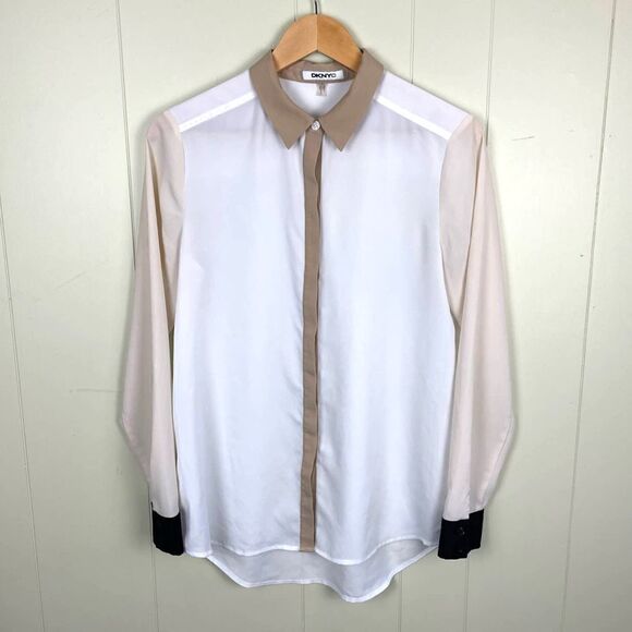 DKNYC Career Long Sleeve Button Front Blouse Top Sheer Nude Women’s Small - Picture 1 of 4